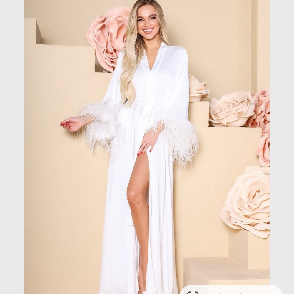 White silk bridal robe with feathers